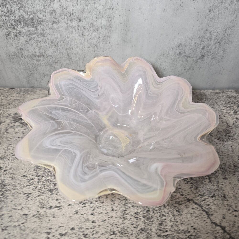 Vidrios San Miguel Art Glass Bowl Pink & White Swirl Recycled Glass Flower Petal